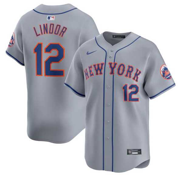 Men%27s New York Mets #12 Francisco Lindor 2024 Gray Away Limited Stitched Baseball Jersey Dzhi